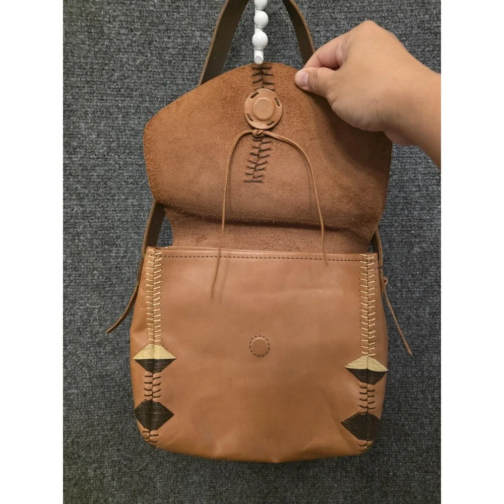 Y2K Lucky Brand Shoulder Bag  Medium Brown Leather Geometric‎ Whipstitch Rare